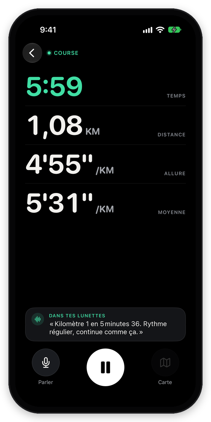 App Ontrack Sport : course en cours, le coach IA annonce le premier kilomètre dans les lunettes Image